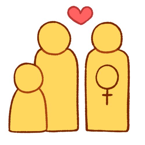  A drawing of three generic emoji yellow people, with two tall ones and one short one. The short person is standing very close to one of the tall ones and is on the left side, and there is a small space between the two tall people with a heart above them. The tall person on the right has a large female symbol on their torso.